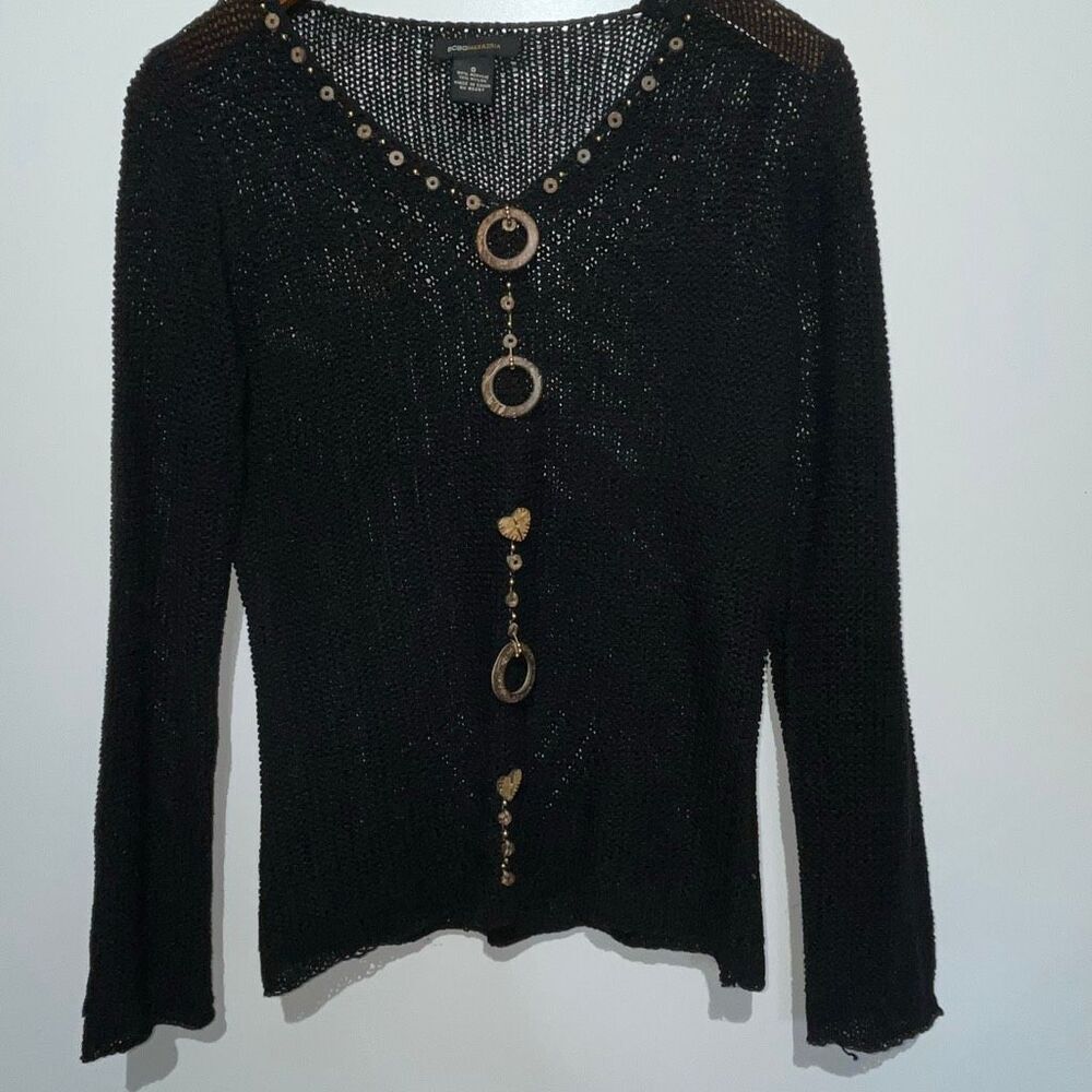 BCBGMAXAZRIA Women's Black Embellished V-Neck Long Sleeve Knit Top‎ Small